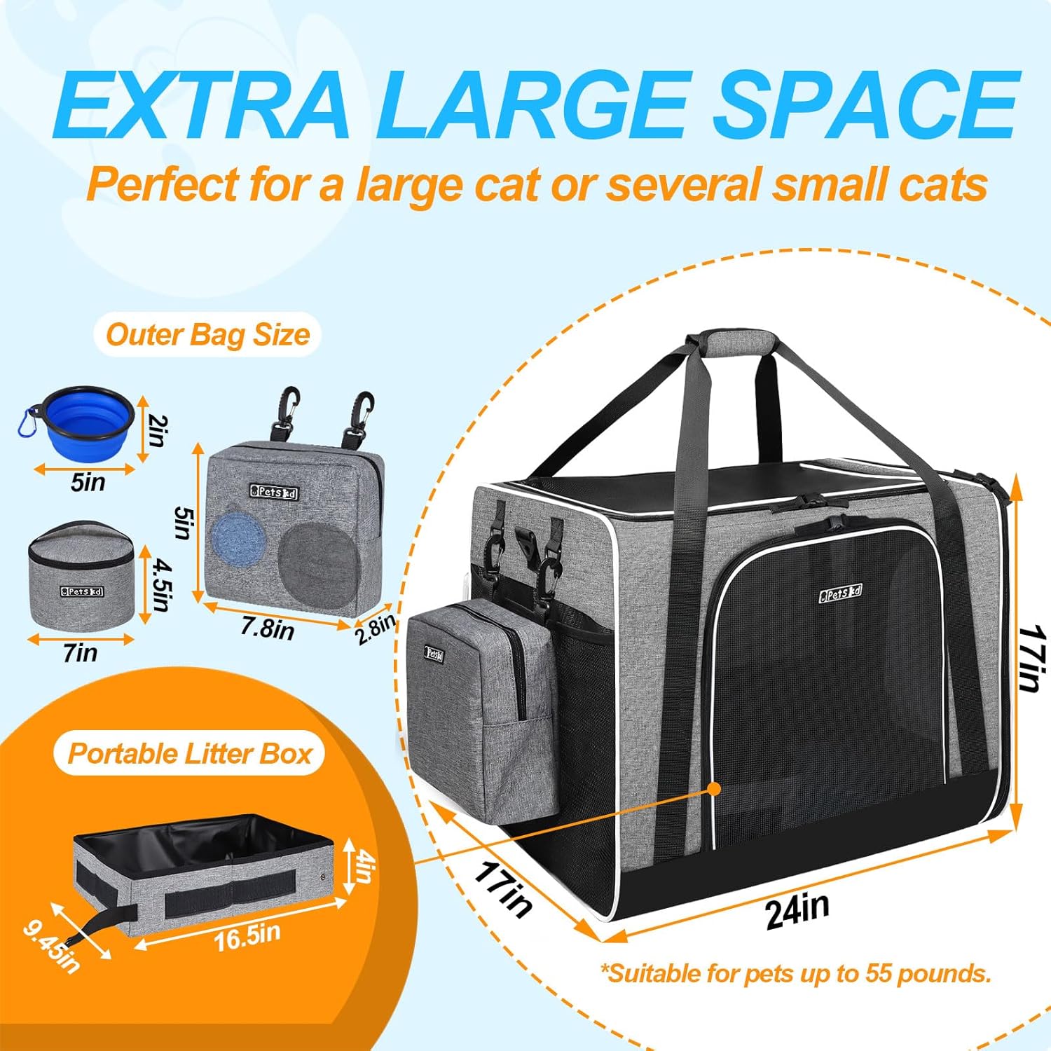Petskd Extra Large Cat Carrier with Litter Box 24"x17"x17" for Medium Large Cat or 2 Small Cats, Collapsible Soft Sided Pet Carrier for Car Travel with Lockable Safety Zippers(Grey) - Pawvie