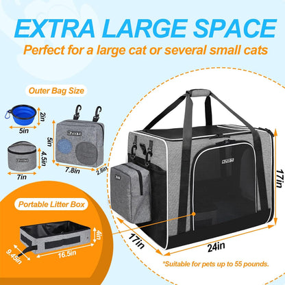 Petskd Extra Large Cat Carrier with Litter Box 24"x17"x17" for Medium Large Cat or 2 Small Cats, Collapsible Soft Sided Pet Carrier for Car Travel with Lockable Safety Zippers(Grey) - Pawvie