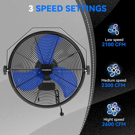2600 CFM 14 inch Outdoor High Velocity Wall Mounted Fan, 3-Speed Metal Fans with IP44 Enclosure Motor, Industrial Grade Weatherproof Wall Fan for Patio, Greenhouse, Garage, and Gazebo