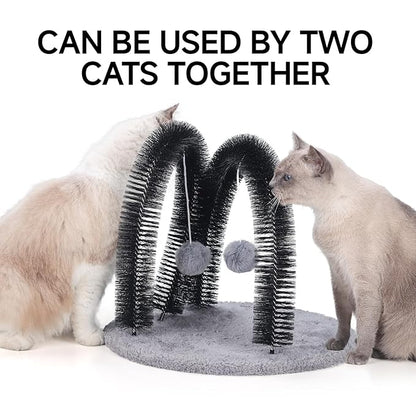 Cat Arch Self Groomer Massager, Kitty Grooming Brush with 2 Brushes and Heavy Plush Base, Cat Face and Back Scratchers, Rubbing Post for Indoor and Outdoor Cats with 2 Plush Balls