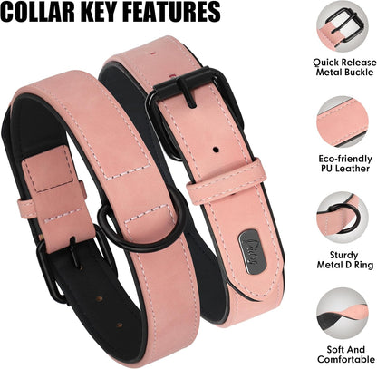 Didog Soft Padded PU Leather Dog Collar, Breathable and Adjustable Pink Dog Collars for Medium Dogs, Comfortable for Daily Walk, Pink, L Fit Neck 13-17"(22-44 lbs)