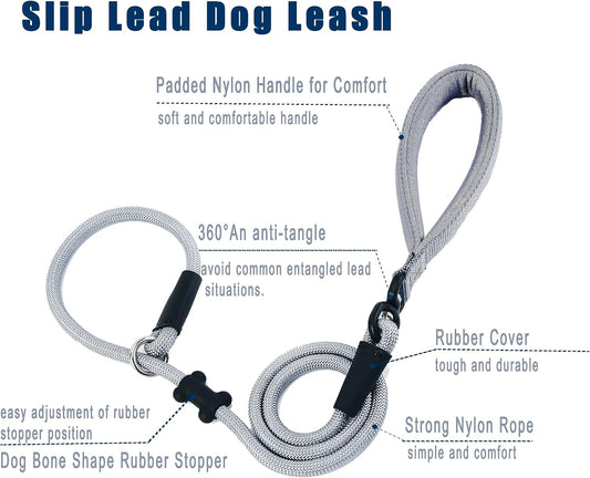 Slip Lead Dog Leash,Strong Nylon Rope Leash and Padded Handle,No Pull Outdoor Walking Training Lead for Small Medium Large Dogs (Grey,1/2"×4ft)
