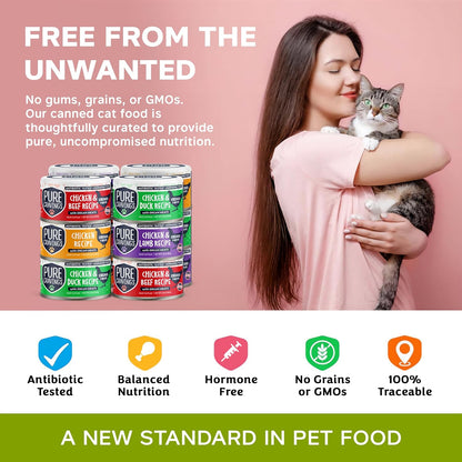 Chicken Recipe in Broth, Shredded Wet Cat Food, Variety Flavor Pack: Chicken, Lamb, Duck, Beef; Grain-Free Protein, Non-GMO