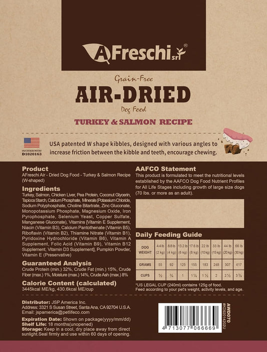 AFreschi Air-Dried Dog Food Turkey & Salmon Recipe 1 lb, All-Natural, Complete & Balanced, Grain-Free, High-Protein, Limited Ingredients