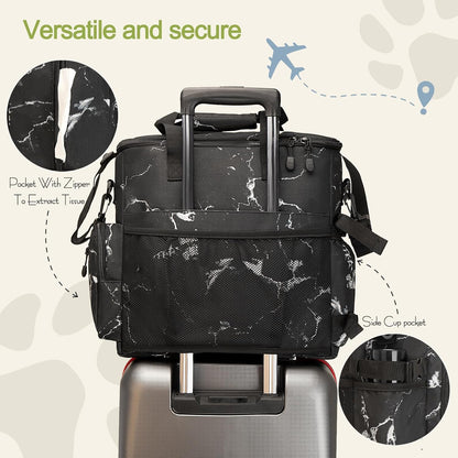 Dog Travel Bag,Weekend Pet Travel bag Set for Dog and Cat,Airline Approved Tote Multi-Function Dog Bags for Traveling,Include 2 Collapsible Bowls,2 Food Storage Containers,1 Feeding Mat,Marble