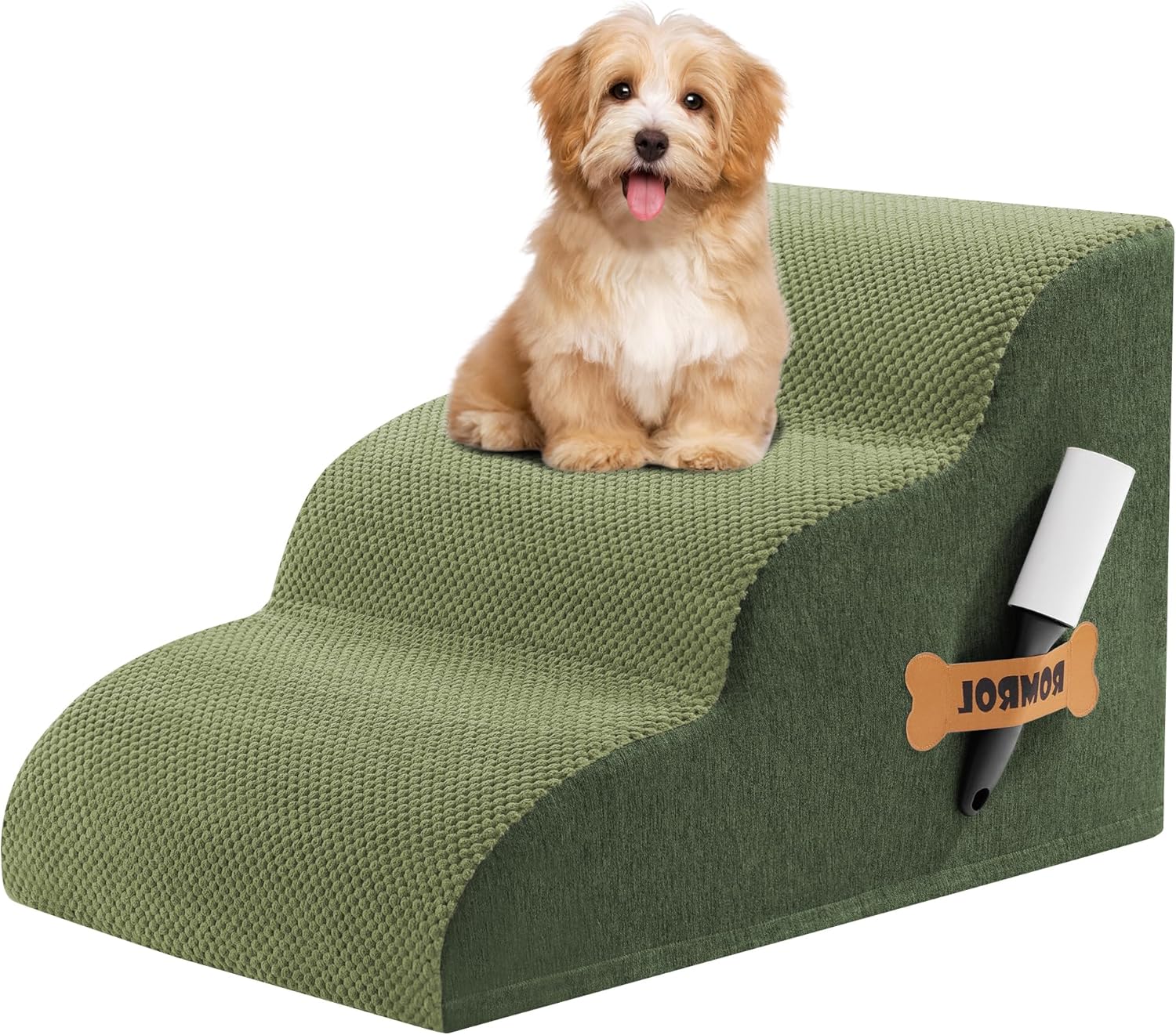 Romrol Dog Stairs Ramp for High Beds Couches, High Density Foam Pet Steps with Durable Non-Slip Waterproof Fabric Cover, Dog Stairs for Small Dogs or Cats or Pets, 3-Step,15 Inch,Green - Pawvie