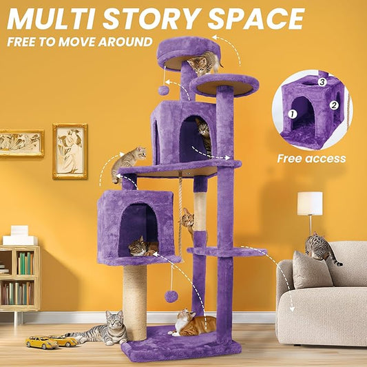 58in Large Cat Tree Tower for Indoor Cats with Soft Plush Hang Ball, Two Condos, Sisal Scratch Posts & Rope Play for Kittens/Adult Cats, Purple