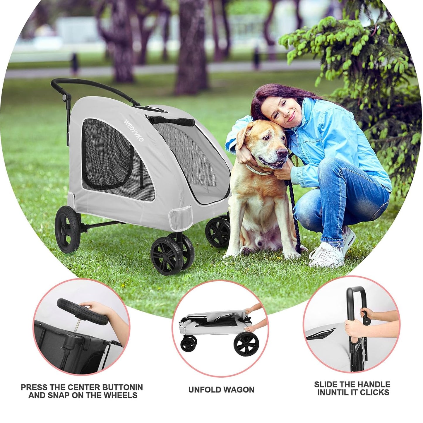Large Dog Travel Stroller with 4 Heavy Duty Wheels Pet Stroller with Adjustable Handle - Double Doggie Capacity Jogger Wagon with Back Front Door for Small Medium Large Dogs (Grey) - Pawvie