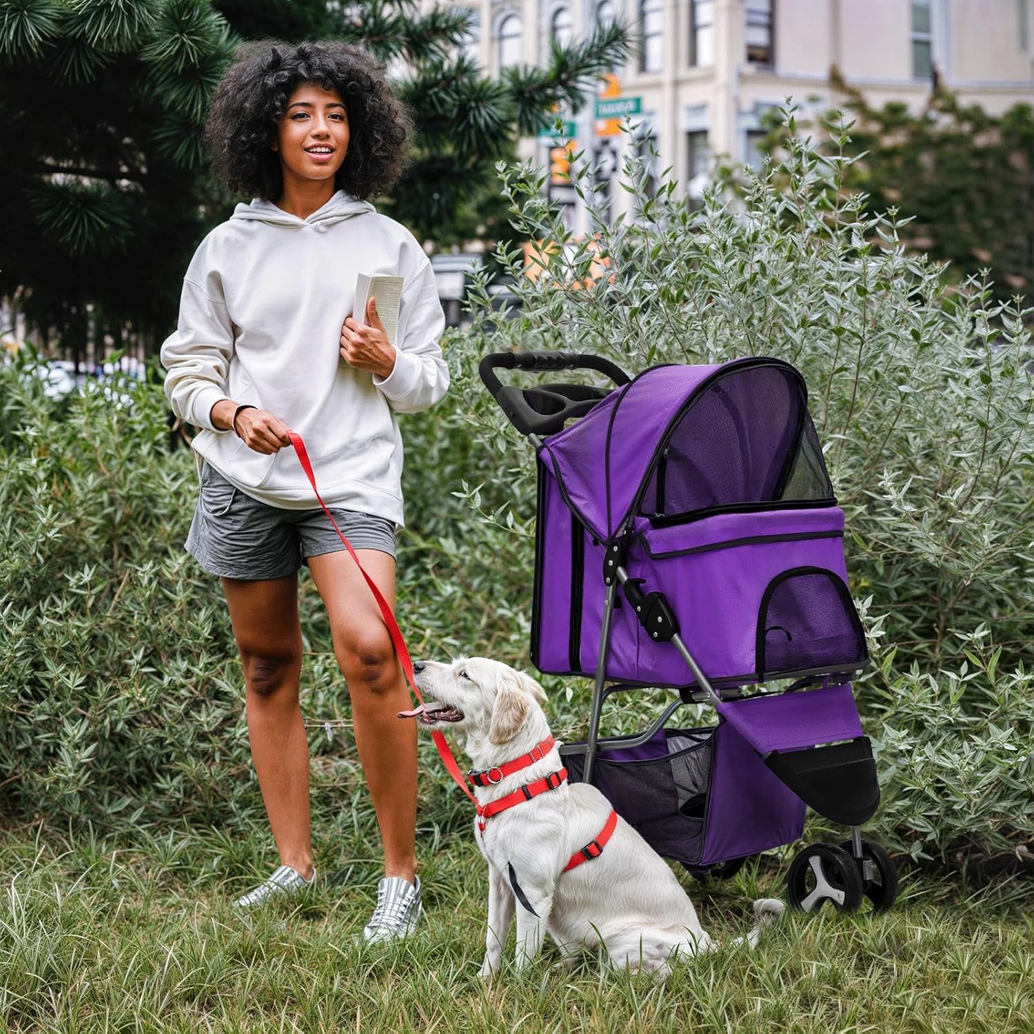 MoNiBloom 3 Wheels Pet Dog Cat Stroller for Small Medium Dogs Cats, Lightweight Foldable Jogger Stroller w/Storage Basket and Cup Holder, Purple - Pawvie