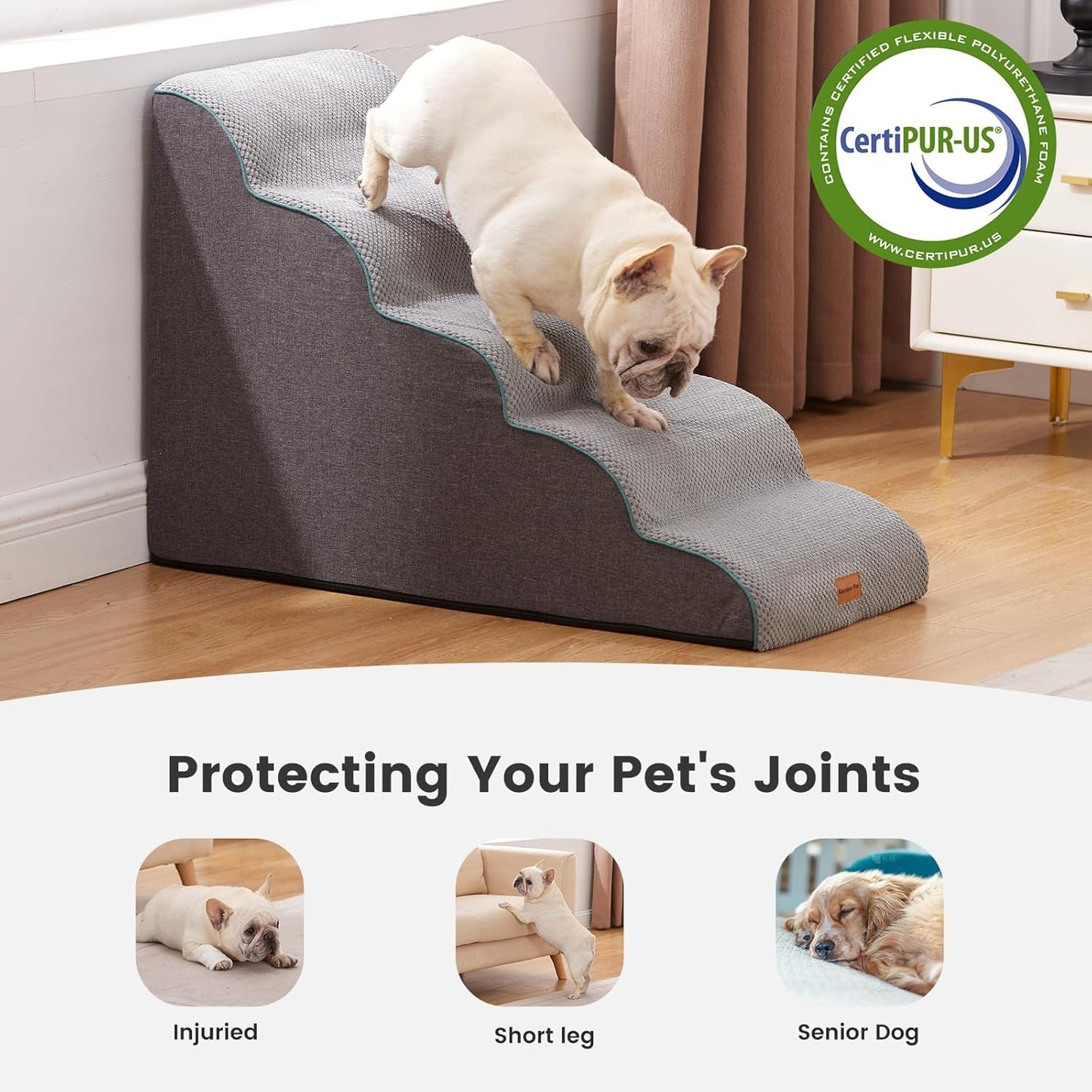 Gardner Pet Dog Stairs for Small Dogs 22.8" H, Curved 5-Step Pet Stairs, Dog Steps for High Bed, Couch (24-30 in) with Durable Non-Slip Waterproof Fabric Cover and CertiPUR-US Certified Foam