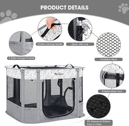 Portable Cat Playpen with Litter Box, Cat Enclosure for Camping, Cat Recovery Playpen After Surgery, Foldable Indoor Outdoor Pet Tent for Cats Rabbits Puppies (Light Gray)