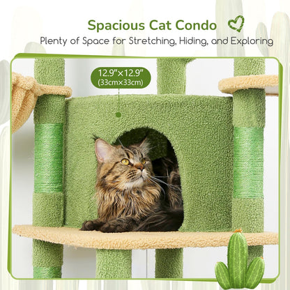 Globlazer Cactus Corner Cat Tree Tower with Scratching Post for Indoor Cats, 51in Multi-Level Cat Condo Tower with Large Hammock, Fan-Shaped Padded Perch, Spacious Cat Cave, Hanging Basket, C51, Green