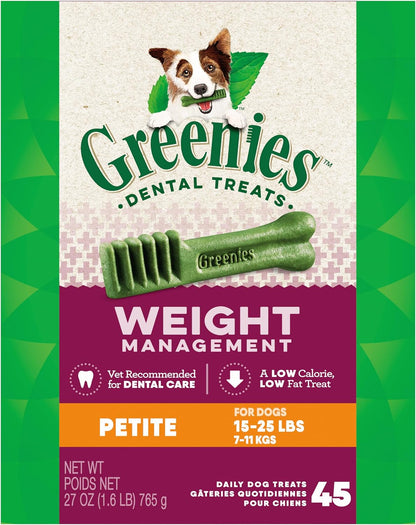 Greenies Weight Management Petite Dog Dental Chews Weight Control Dog Treats, 27 oz. Pack (45 Treats)