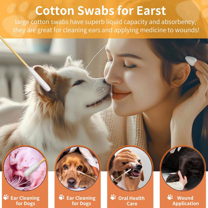 200 PCS 6 Inch Long Cotton Swabs in Box - Professional Large Cotton Swabs with Bamboo Handle - Double Sided Dog Ear Swabs - Specially Designed Big Cotton Swabs for Dog Ear, Cleaning Solution
