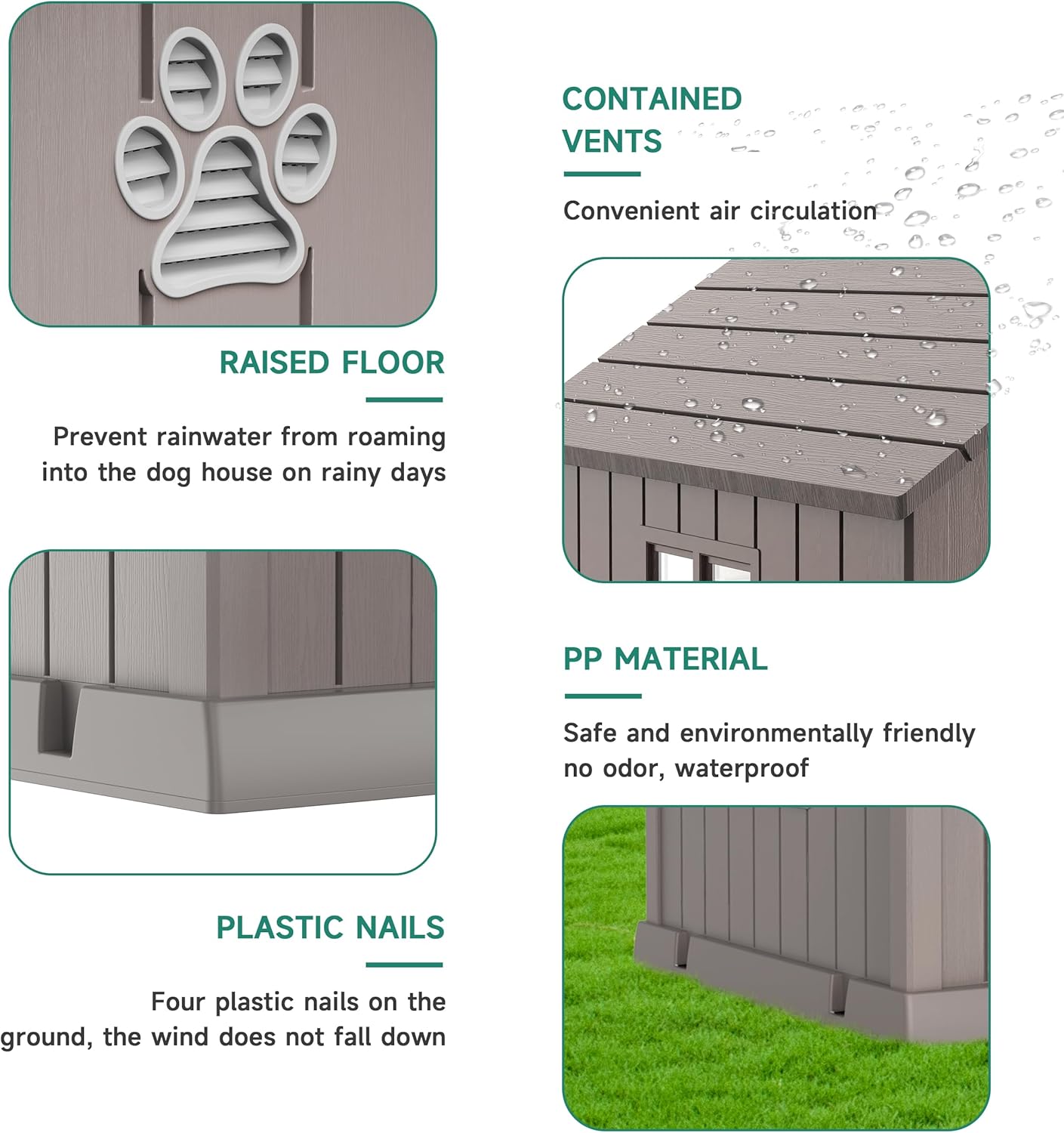 Vixzen 32in Large Outdoor Dog House,Durable Water Resistant Resin Dog House,Doghouse for Small to Large Dogs Indoor or Outside,with Air Vent and Elevated Floor,Gray