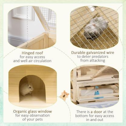 PawHut Wooden Large Hamster Cage Small Animal Exercise Play House 3 Tier with Tray, Seesaws, Water Bottle, Activity Center, Natural
