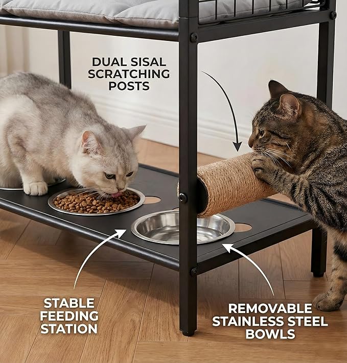 4in1 Cat Furniture Stand with Cat Scratching Post, Cat Food Bowls, Cats Bed Platform, Cats Food Storage Organizer, All in One Pet Furniture for Small Space (Black)