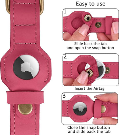 AirTag Dog Collar - Genuine Leather Dog Collar with Apple AirTag Holder and Metal Buckle - Smart GPS Tracking Pet Collars (Pink, S, 12"-15" Neck Fit)