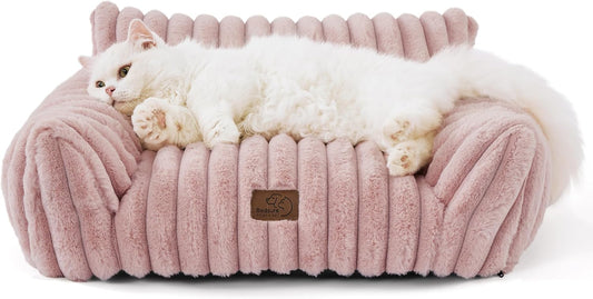 Bedsure Cute Cat Couch for Pets - Fluffy Cat Sofa with Premium Soft Corduroy Fleece, Fuzzy Pet Couch Bed with Removable Washable Cover, Supportive Chair for Indoor Cats, 24inch, Blush Pink