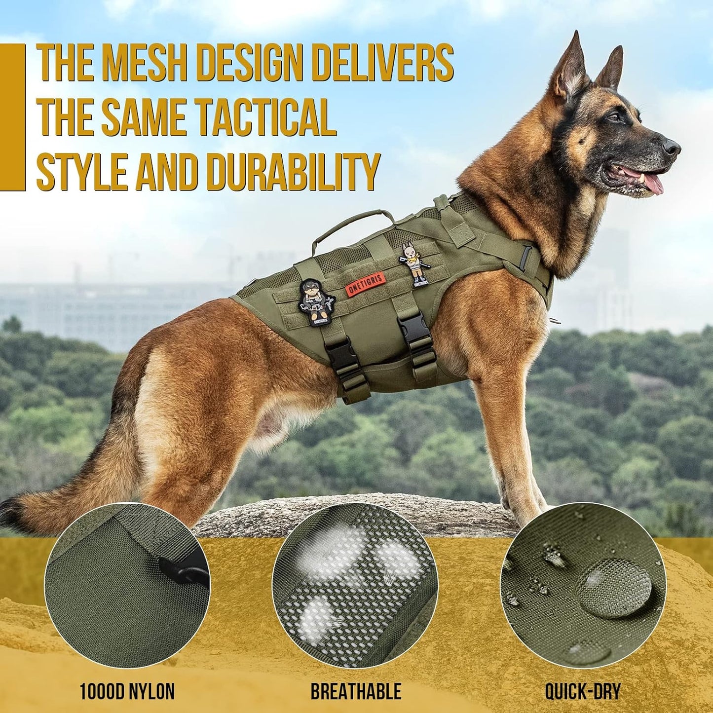 OneTigris No Pull Tactical Dog Harness for Large Dogs, Aire Mesh Harness Breathable Military Dog Molle Vests with Handles, Service Dog Vest Harness for Walking Hiking Training Green
