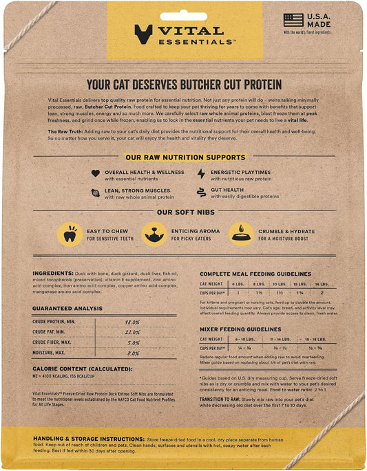 Vital Essentials Freeze-Dried Raw Duck Meal or Mixer Cat Food Soft Nibs | 99% Duck, Organs & Bone | 12 oz