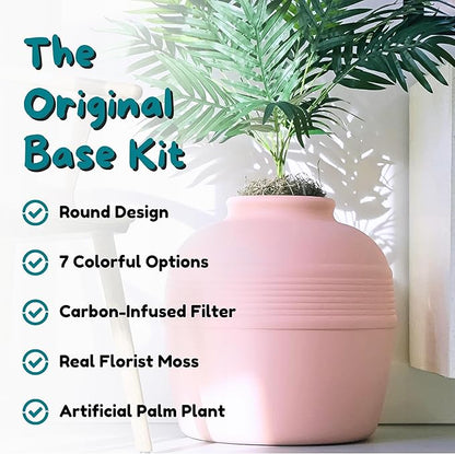 Good Pet Stuff Hidden Litter Box Planter, Decorative Cat Litter Enclosure with Carbon Filter, Artificial Plant, Easy Clean, Indoor Design, Original Round Style, Base Kit, Pink Coral