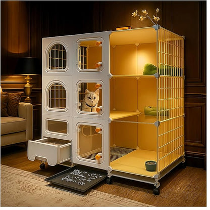 Indoor cat cage with Litter Box, Complimentary Cat Bed, Bow,lcat House with Wheels Outdoor,Large cat Villa Playpen, Small Animal Dog Kennel cat enclosures (41″(L) x18″(W) x46″(H))