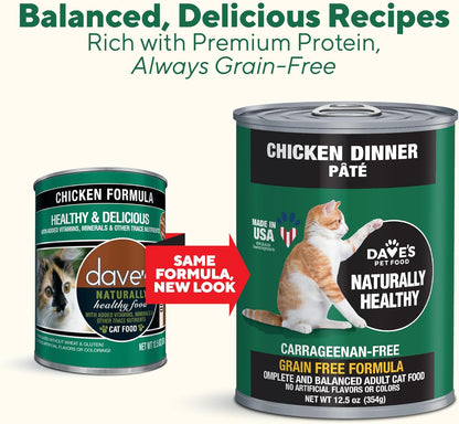 Dave's Pet Food Grain Free Wet Canned Cat Food Pate(Chicken), Made in USA Naturally Healthy, Wheat & Gluten-Free, 12.5 oz Cans (12 Pack)