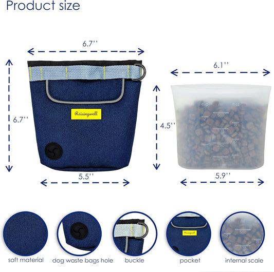 Dog Treat Pouch for Pet Walking and Training with Clicker 2 Cup Silicone Bag Small Fanny Pack Holder for Puppy Snack Dispenser Kit for Leash and Outdoor Use (Blue)