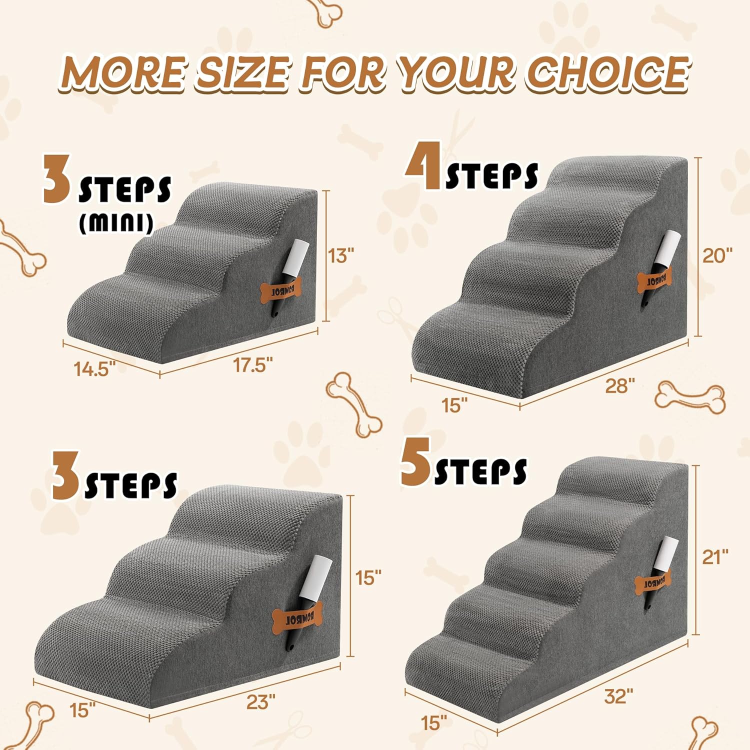 Romrol Dog Stairs Ramp for Beds Couches, 15.7” H 33D Extra Wide Pet Steps with Durable Non-Slip Waterproof Fabric Cover, Dog Slope Stairs for Small Dogs and Cats or Pets Friendly, 3-Tiers, Grey - Pawvie