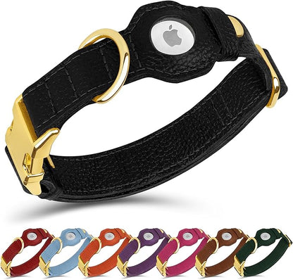 Leather Airtag Dog Collar - Soft Tracking Dog Collar with Apple AirTag Holder and Metal Buckle - Safety GPS Pet Collars for Small Medium Large Dogs Puppy Pink Red (Black, XS, 9"-12" Neck Fit)