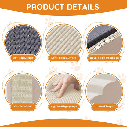 Pet Stairs, Dog Stairs for Small Dogs, Dogs Steps, 5-Step Curved Dog Ramp for Bed, Couch, Sofa, Car and Chairs, Non-Slip Bottom Design, Cat Scratching Board, High Density Foam Portable Pet Step, Beige