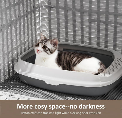 Cat Litter Box Enclosure with Soft Litter Mat; Hidden Cat Washroom Furniture with Door; Handwoven Rattan Cat House with Large Space; Pet Crate for Living Room, Bedroom, Balcony (White)