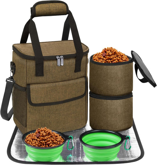 Dog Travel Bag for Camping - Pet Travel Accessories with 2 Collapsible Bowls, 2 Food Containers & Waterproof Feeding Mat - Portable Dog Carrier, Coffee (Small) - Pawvie