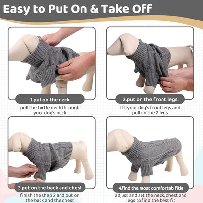 Queenmore Small Dog Pullover Sweater, Cold Weather Cable Knitwear, Classic Turtleneck Thick Warm Clothes for Chihuahua, Bulldog, Dachshund, Pug (Slate Grey, Large)