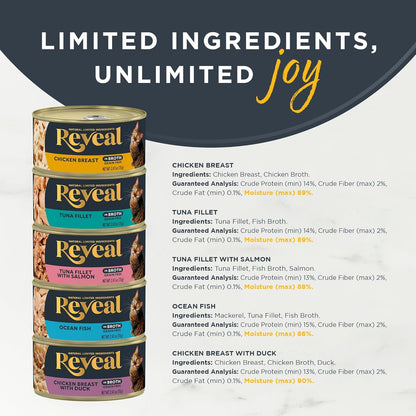 Reveal Natural Wet Cat Food, 30 Count, Grain Free, Limited Ingredient Canned Food for Cats, Fish and Chicken Variety in Broth, 2.47 oz Cans