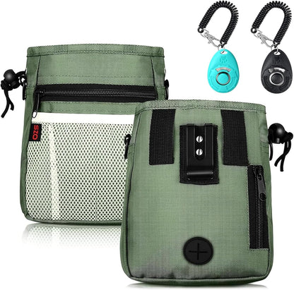 Dog Treat Pouch-3 Ways to Wear Treat Pouches for Pet Training and 2 Pieces Clicker Taining for Dogs,Dog Training Treat Pouch Bag and Dog Clicker for training with Waist Belt Shoulder Strap-Dark Green