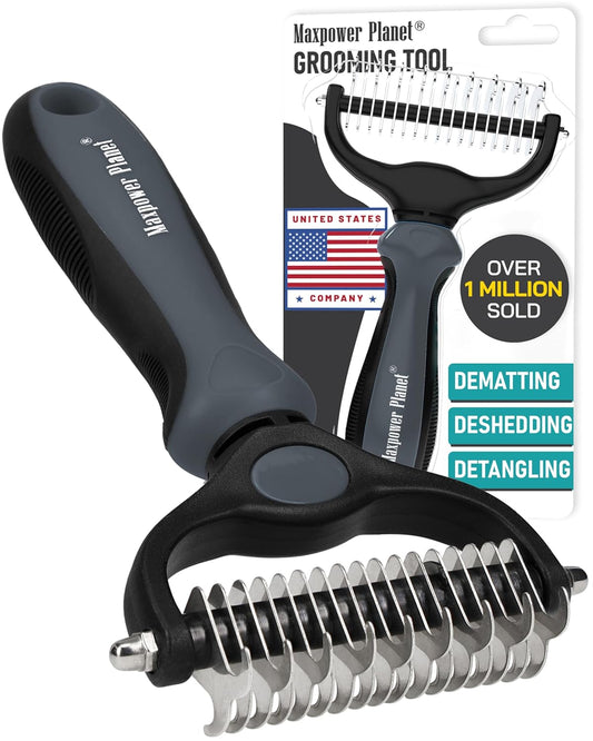 Maxpower Planet Pet Grooming Brush - Double Sided Undercoat Rake for Dogs and Cats, Extra Wide, Reduce Shedding by 95%, Grey