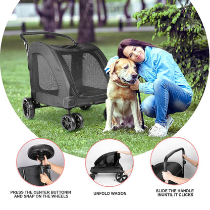 Large Dog Travel Stroller with 4 Heavy Duty Wheels Pet Stroller with Adjustable Handle - Double Doggie Capacity Jogger Wagon with Back Front Door for Small Medium Large Dogs (Black) - Pawvie