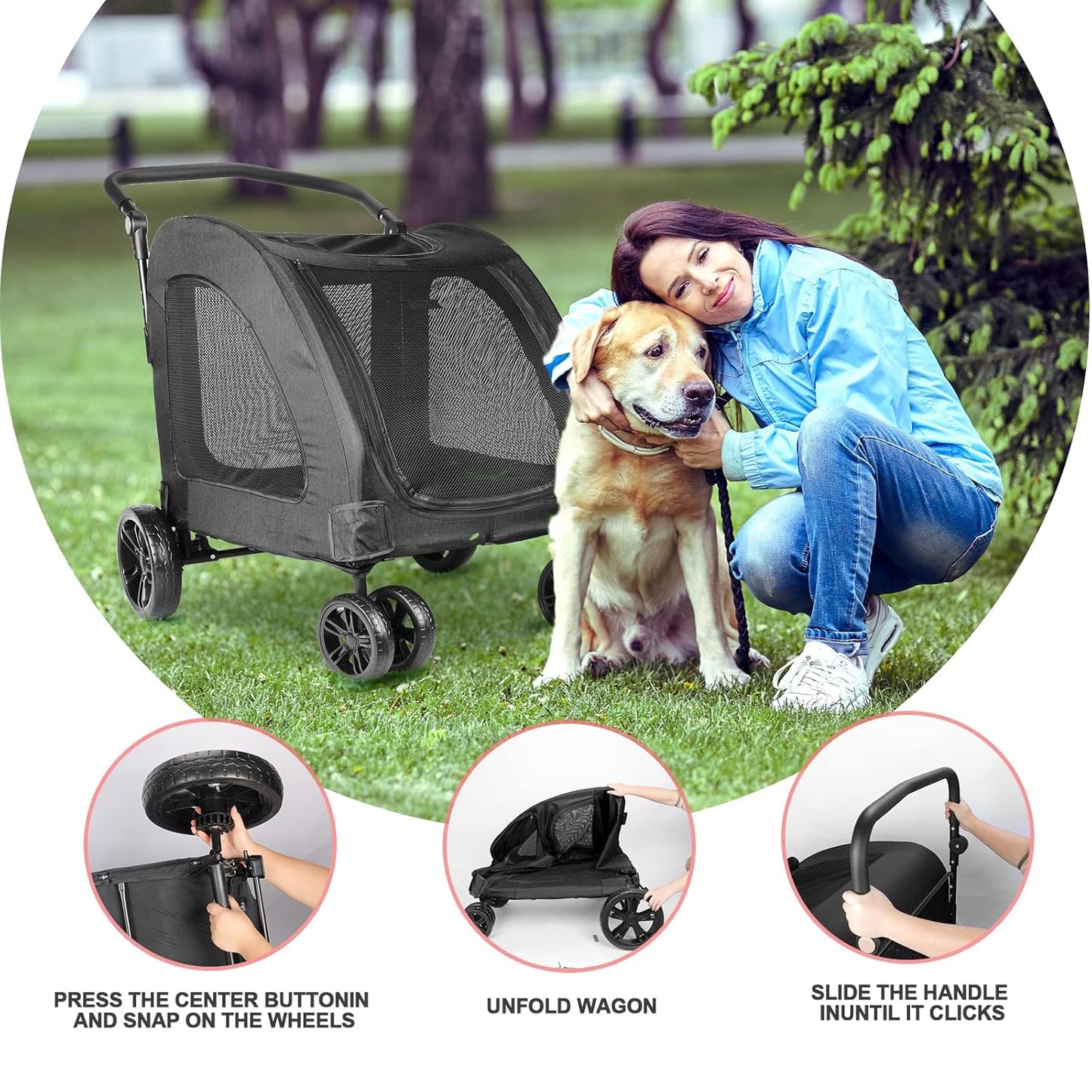 Large Dog Travel Stroller with 4 Heavy Duty Wheels Pet Stroller with Adjustable Handle - Double Doggie Capacity Jogger Wagon with Back Front Door for Small Medium Large Dogs (Black 1) - Pawvie