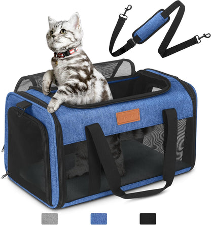 PETUX TSA Approved Pet Carrier in Cabin, 17"x11"x9.5" Soft Cat Carriers for Small Cat up to 12 lb and Puppy up to 10 lb, Top Open Portable Pet Carrier Airline Approved for Travel and Vet Visit (Blue)