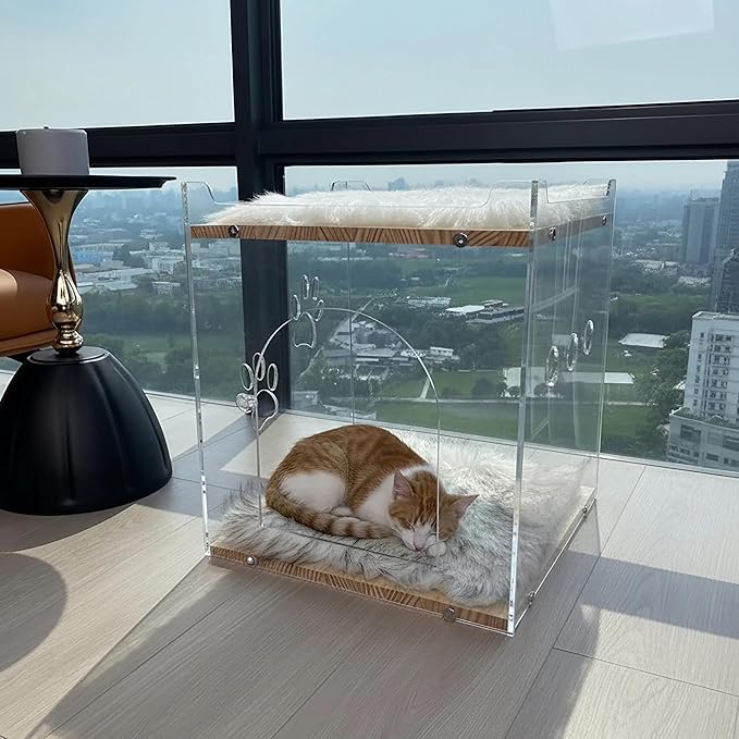 Cozy Double Layer Clear Wood Cat House for Indoor Cat Bed and Small Dog Bed - Soft Blanket Acrylic Square Design, Perfect Pet Necessities