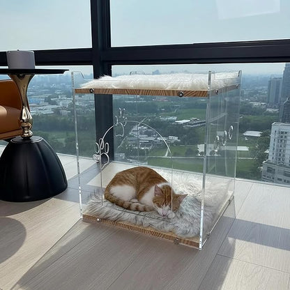 Cozy Double Layer Clear Wood Cat House for Indoor Cat Bed and Small Dog Bed - Soft Blanket Acrylic Square Design, Perfect Pet Necessities