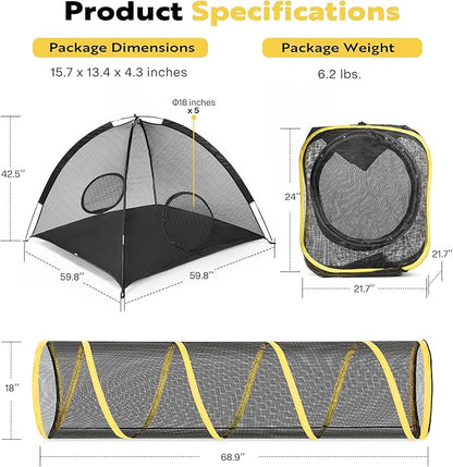 VIVOHOME Outdoor Cat Enclosures 3-in-1 Portable Catio w/Large Cat Tent, Tunnel, Playhouse, 5 Piece Door, Cat Leash, Mint Ball for Rabbits, Dogs and Feline Friends to Explore in Yard, Balcony, Camping
