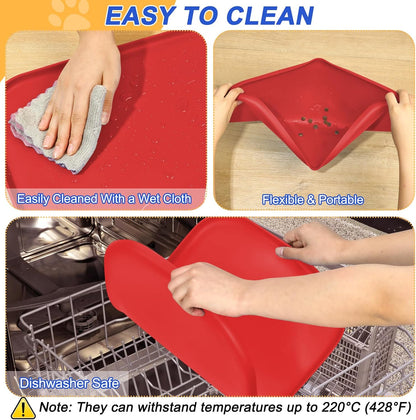 Silicone Pet Feeding Mat with Raised Edge for Food and Water, Dog Bowl Mats, Cat Bowls Placemat with High Lip for Floor Waterproof, Rubber Tray for Cats and Dogs 19 x 12 x0.7 Red