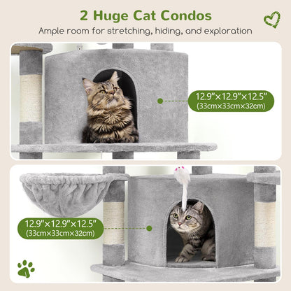 Globlazer Corner Cat Tree for Large Cats, 66inch Tall Curved Series Large Cat Tower for Multiple Indoor Cats with 6 Scratching Posts, 2 Spacious Cat Condos, Hammock, Hanging Basket, C66, Light Grey