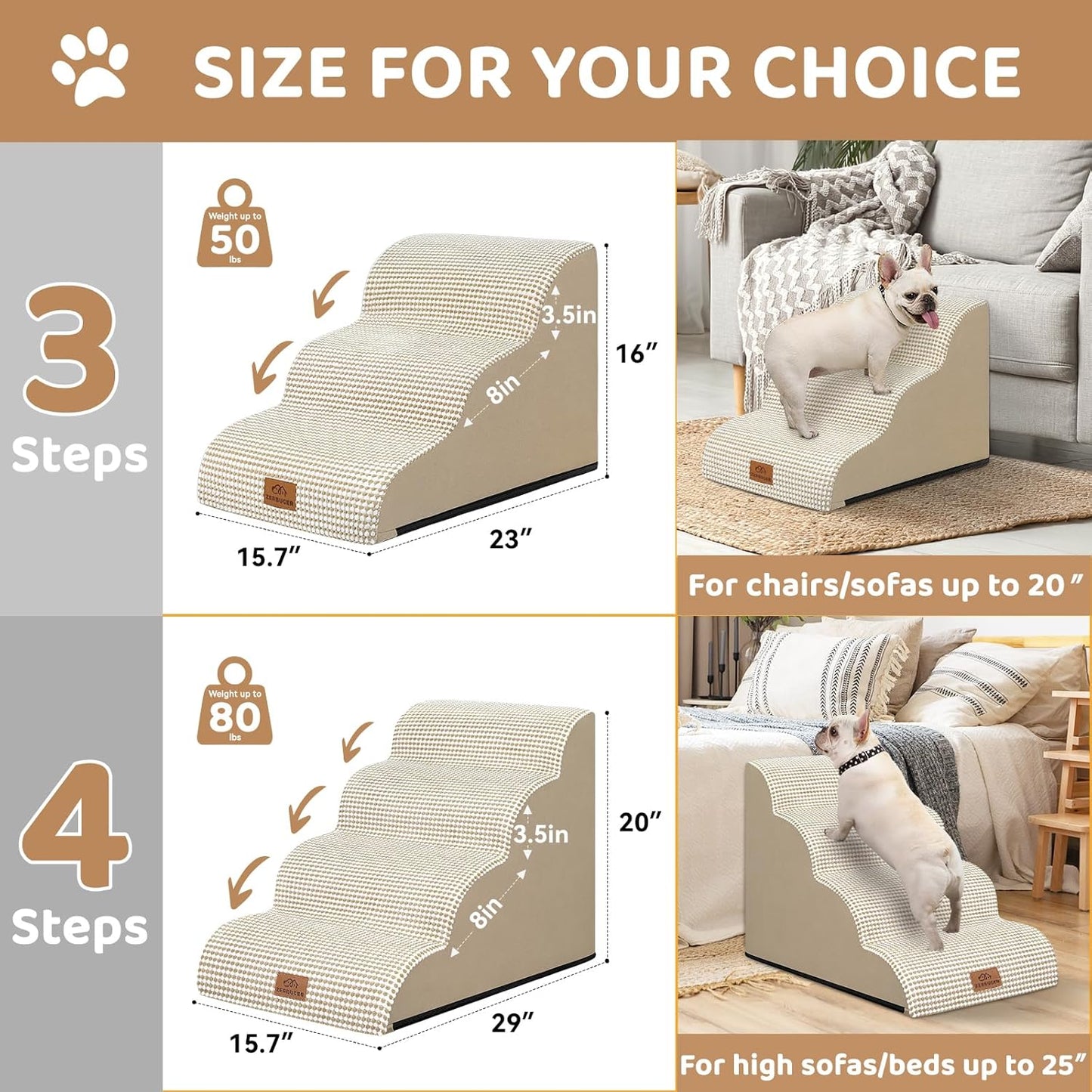 Dog Ramp and Stair for Bed 16" H-20 H,3-Step Cat Stair for Sofa and Chair,4-Step Dog Ramp for High Bed and Window,Durable Nonslip Fabric Cover for Indoor (Beige-16 H, Pet Friendly, 3)