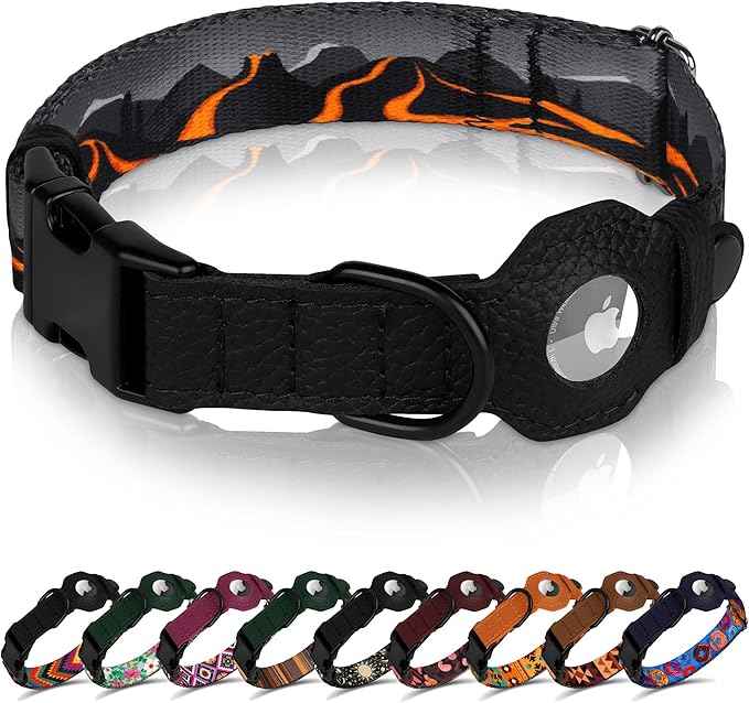 AirTag Dog Collar with Metal Buckle - Printed Nylon Soft Leather Dog Collar with Apple AirTag Holder - Secure Tracking GPS Pet Collars for Girl Boy Small Large Dogs (S, 12"-15" Neck Fit, Hawaii)