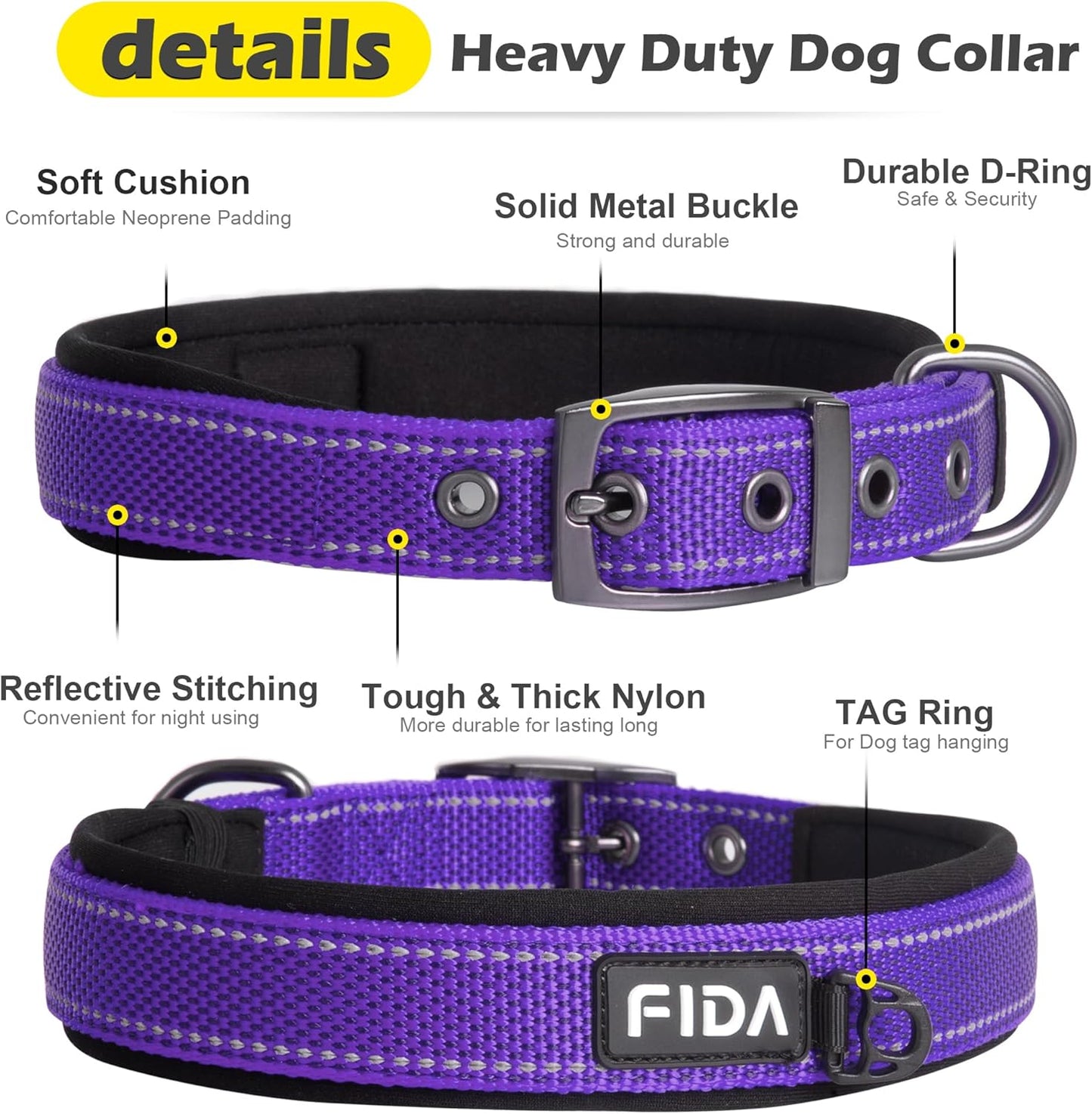 Fida Heavy Duty Dog Collar, Ultra Comfortable Soft Neoprene Padded, Adjustable Reflective Nylon Pet Collar with Durable Metal Belt Buckle for Medium Breeds (M, Purple)