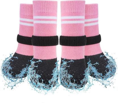SCENEREAL Anti Slip Dog Boots & Paw Protectors for Hardwood Floor, Extended Dog Socks to Prevent Licking Paws, Waterproof Pet Snow Rain Shoe for Winter Small Puppy Senior Dogs, Pink S